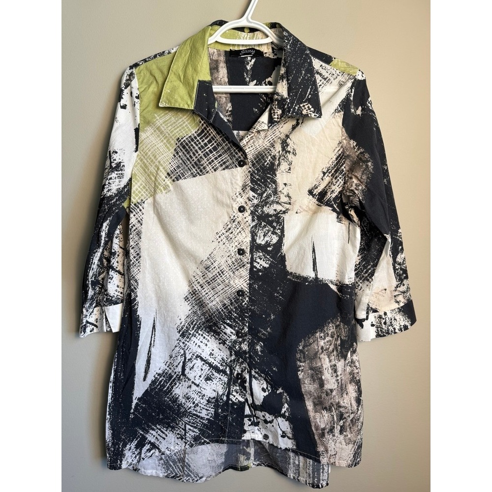 Ever Sassy Abstract Print Button Up Tunic Shirt Medium Art To Wear Lagenlook